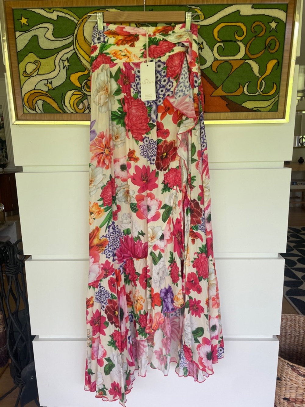 Floral Maxi Skirt with Ruffled Slit in Vibrant Multicolor Bloom.